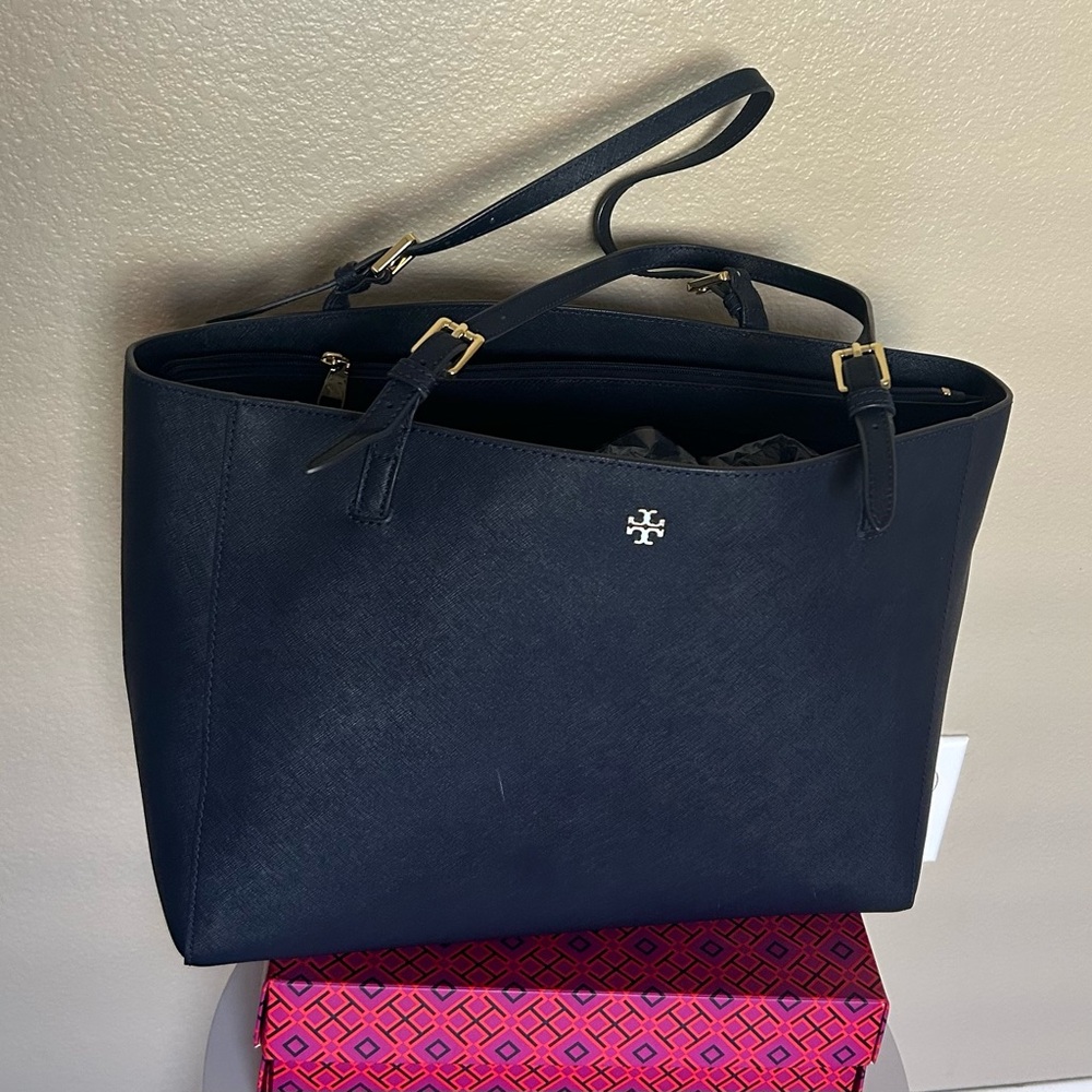 TORY BURCH Saffiano Leather York Buckle Tote Dark Blue Shoulder Bag